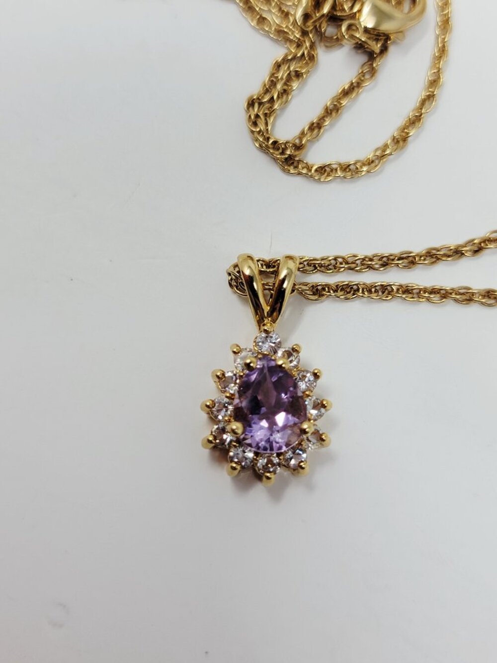 #15 Gold Tone Lavender Teardrop Halo Pendant Necklace